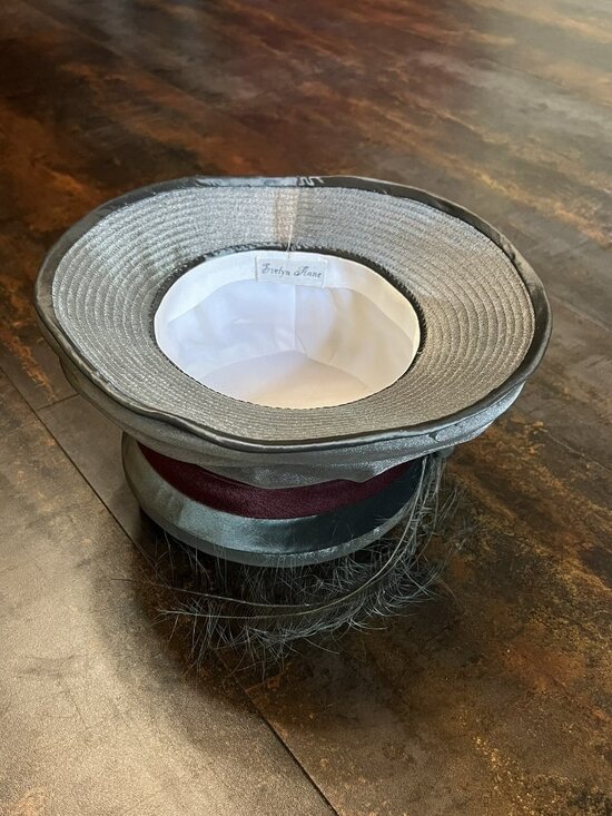 Vtg Evelyn Anne Grey Victorian Hat with Burgundy Sash, Grey Bow & Feathers Lined main image 8